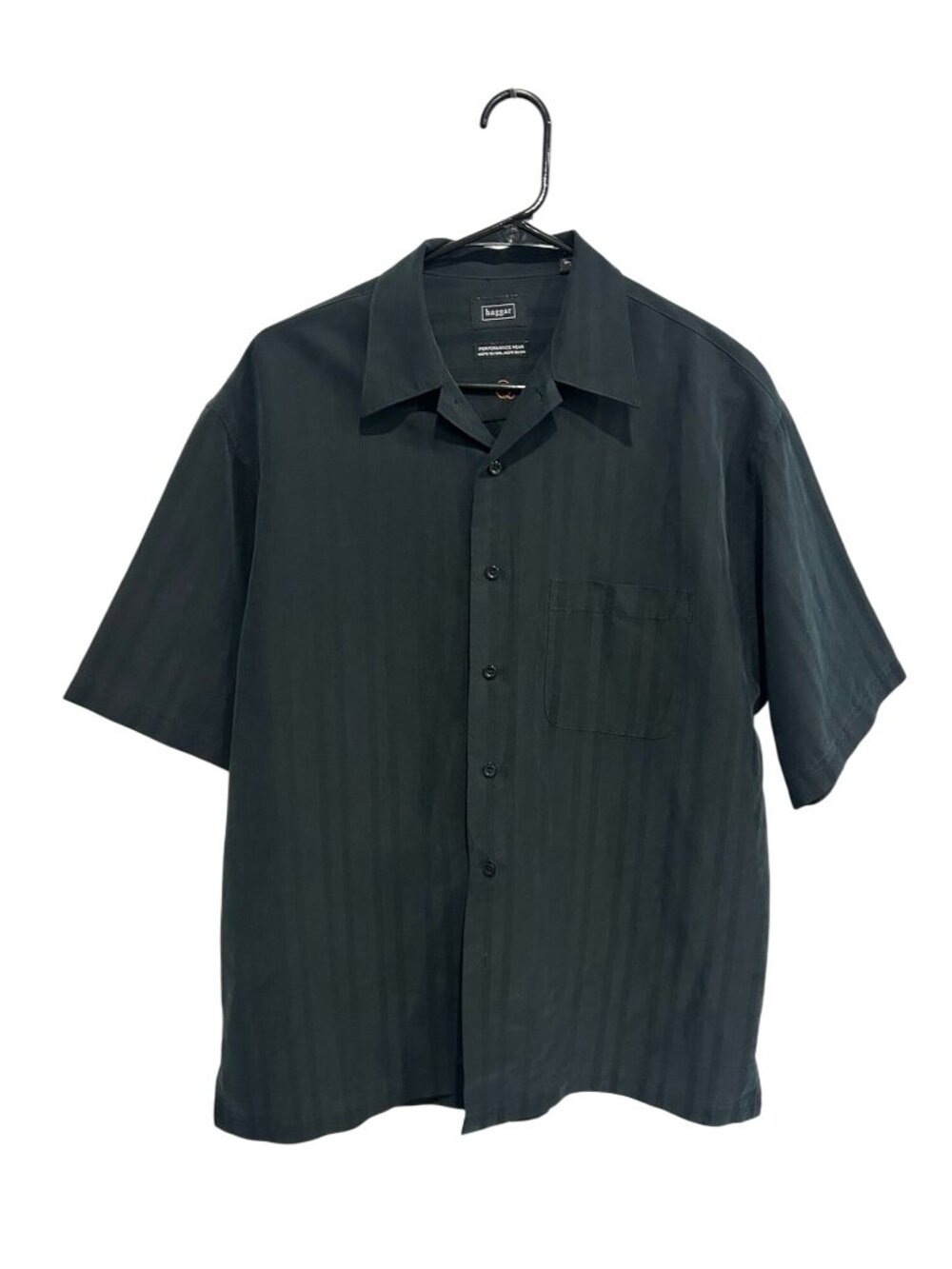 Haggar Medium Mens Black Short Sleeve Striped Button-Up Camp Shirt Minimalist